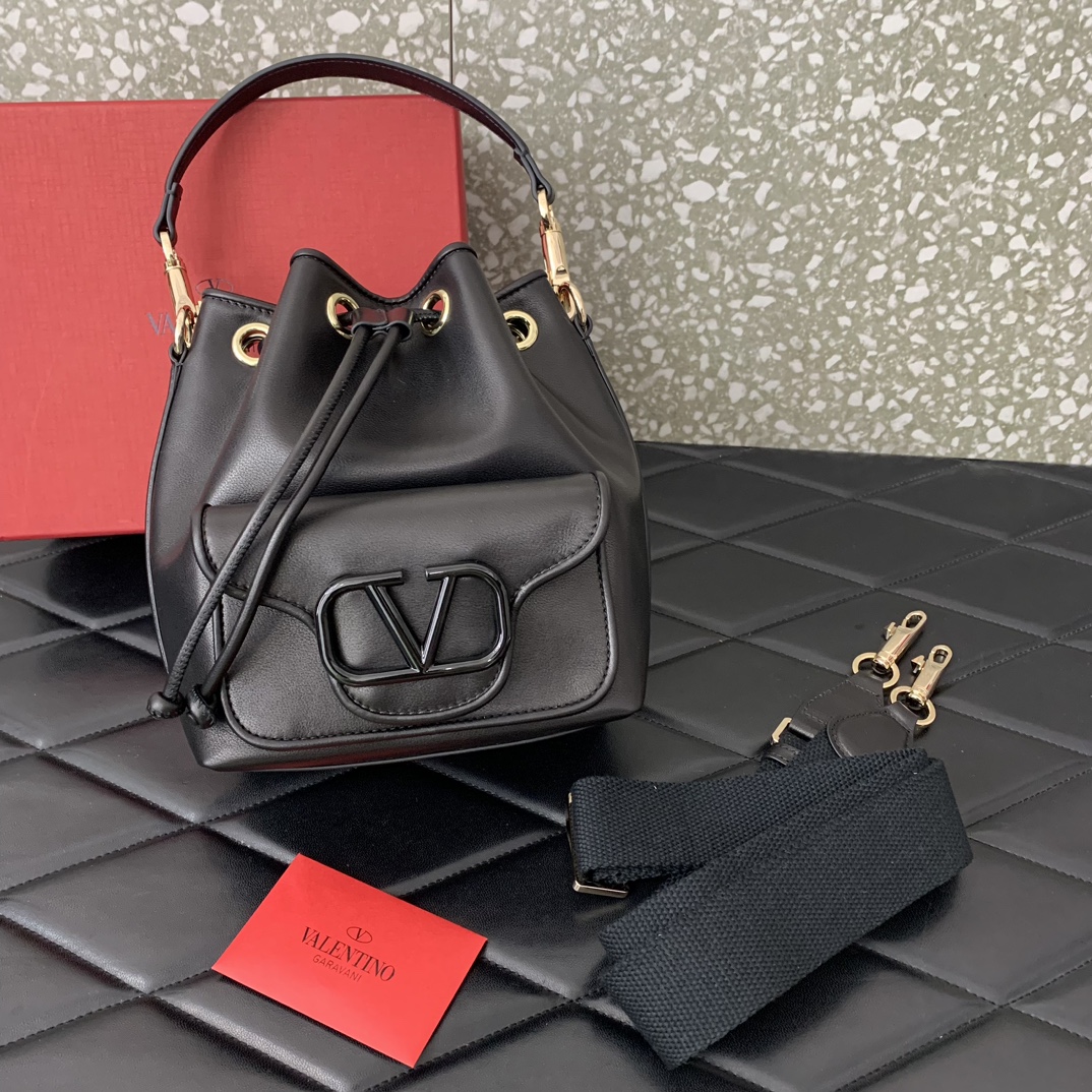 Valentino Garavani Loco Bucket Bag in Black Calfskin Leather